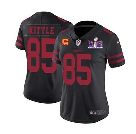 Womens San Francisco 49ers #85 George Kittle Black Super Bowl LVIII Patch And 4-star C Patch Vapor Untouchable Limited Stitched Jersey(Runs Small)->->Women Jersey